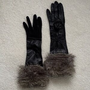 Ann Taylor Black Leather Gloves with Fur Cuff